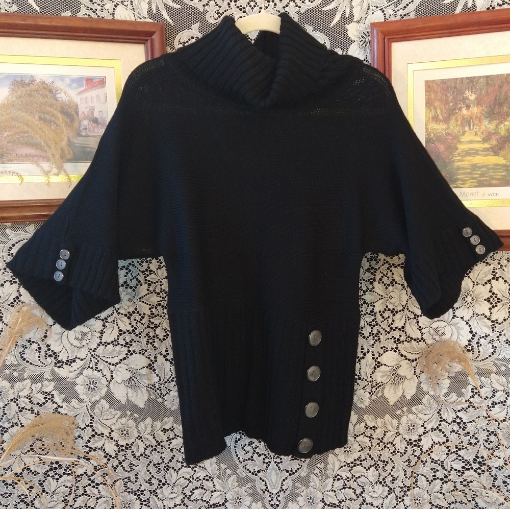Kim Parrish Collection black knit sweater 100% wool cowl neck buttons 1/2 sleeve